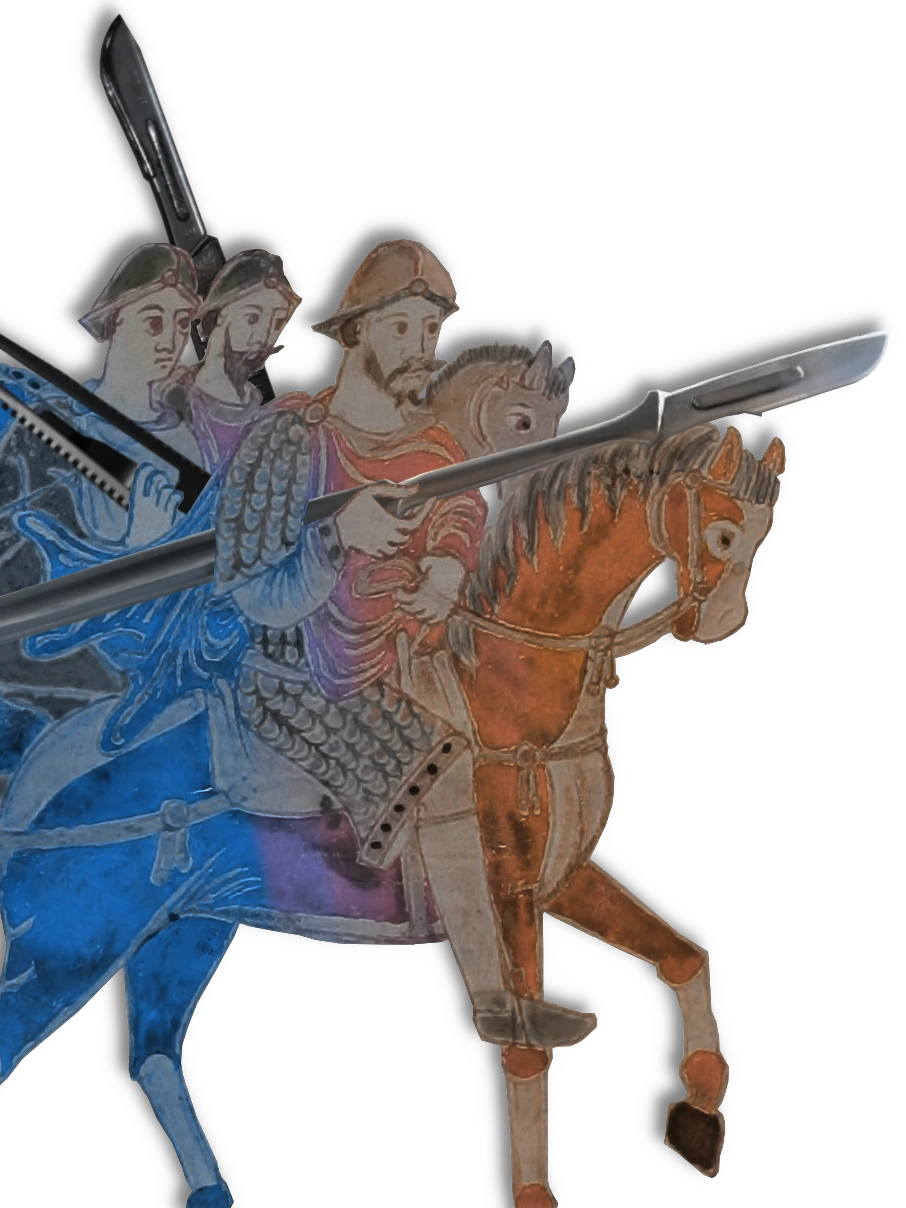 Illustrated mounted knights carrying surgical lancets