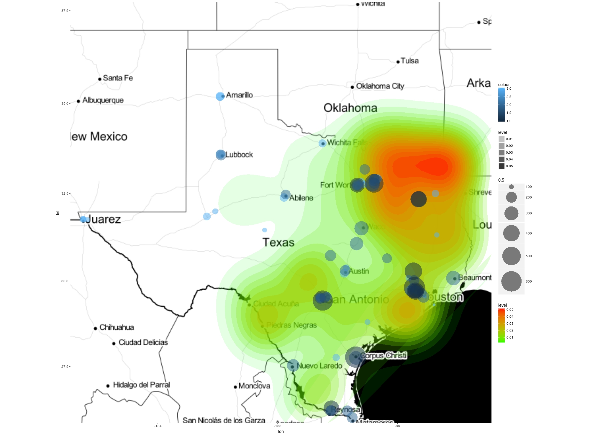 Density map of Texas showing where patients remote from experienced amputation-prevention centers lived