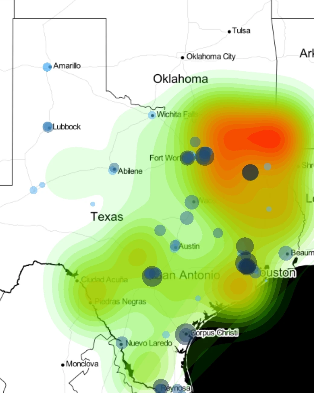 Detail of a Texas density map showing clusters of patients and experienced medical centers