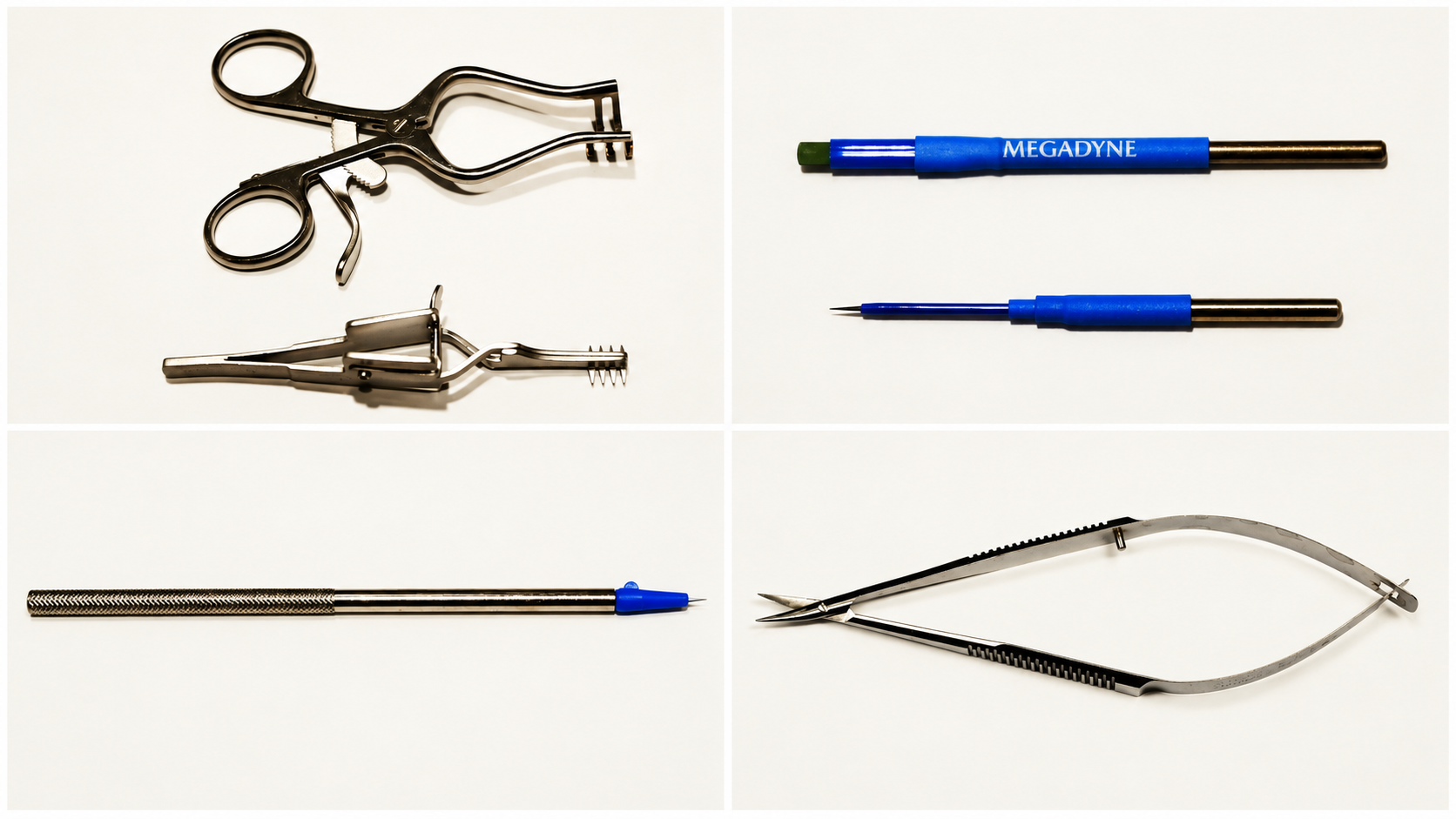 Four-panel composite of retractors, electrocautery tips, a micro scalpel, and micro-scissors.