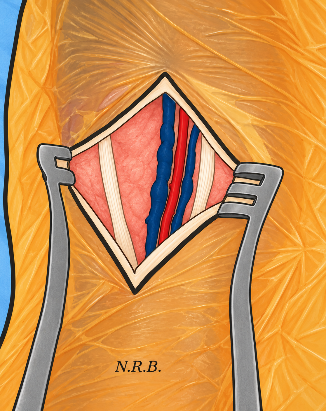 Illustration of the exposed artery, flanking veins, and tendons.